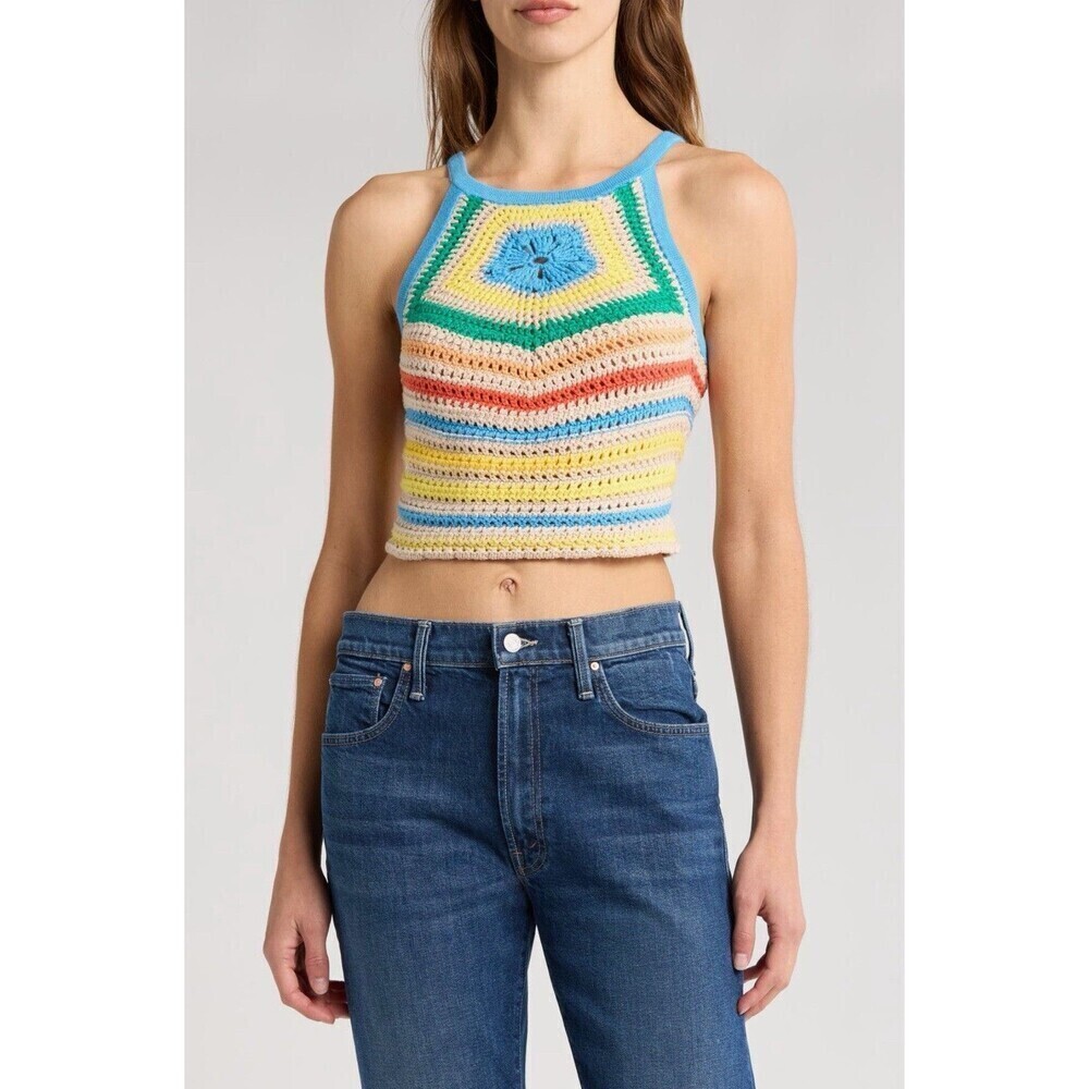 MOTHER The Cinch Candy Stripe Crochet Halter Crop Top Tie Back XS Festival Boho